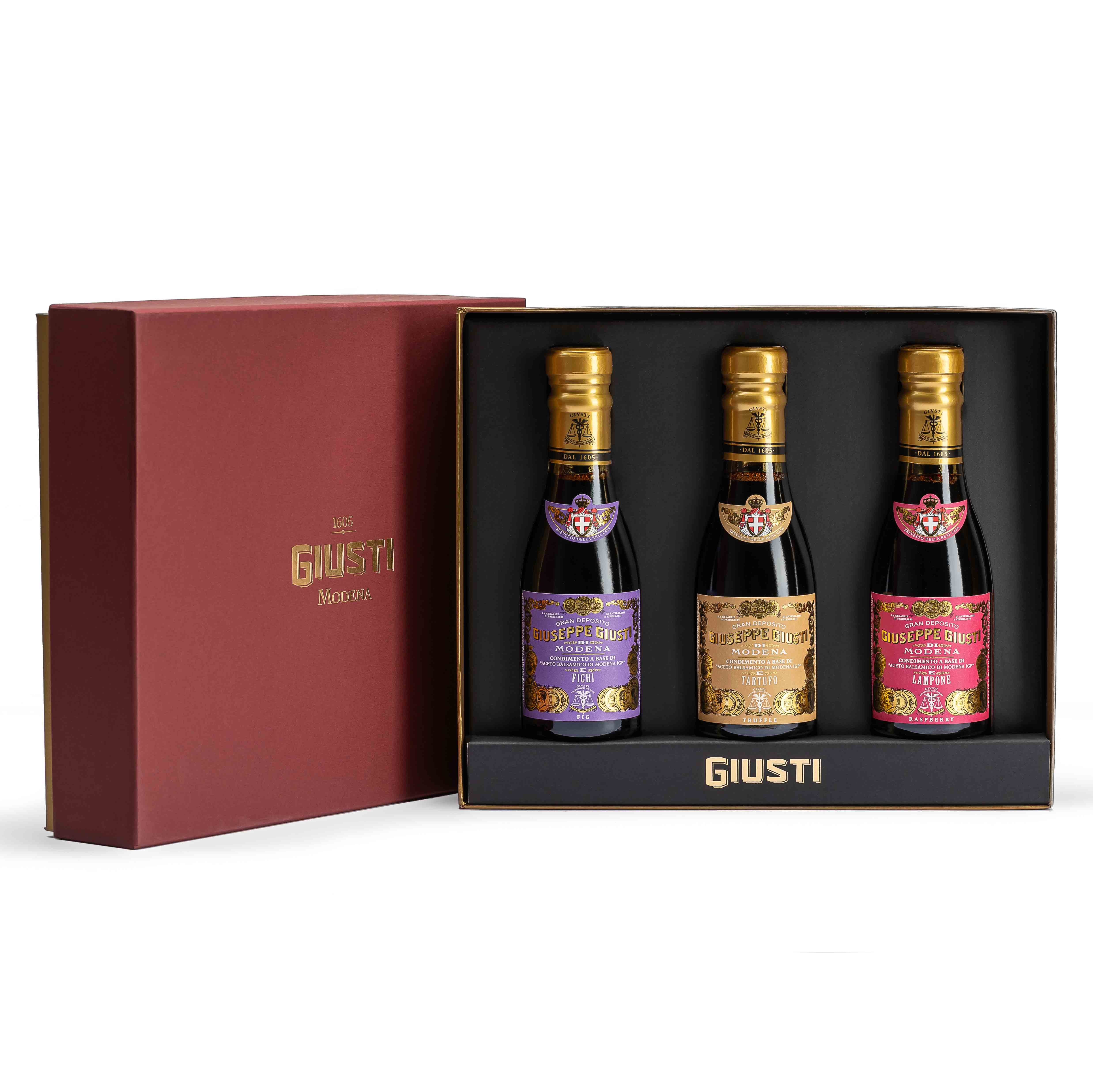 giusti-tris-condimenti-aromatizzati-fico-lampone-tartufo-aceto-balsamico image 1